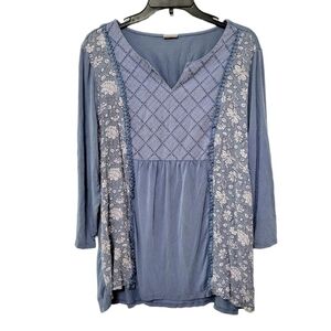 Chico's Dusty Cornflower Blue Mixed Media Floral Eyelet Empire Waist Tunic Top L